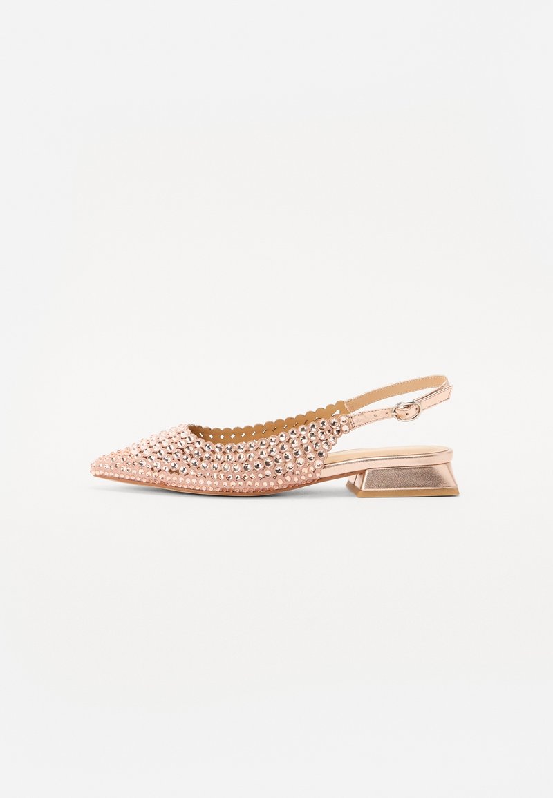 Slingback shoe with pointed toe, rose-colored upper featuring rhinestone embellishments, and a low metallic block heel.