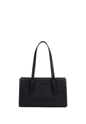 Sac à main rectangulaire en cuir noir avec deux longues bandoulières réglables et une finition subtilement texturée.