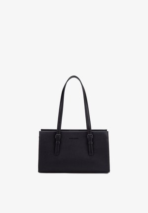 Sac à main rectangulaire en cuir noir avec deux longues bandoulières réglables et une finition subtilement texturée.