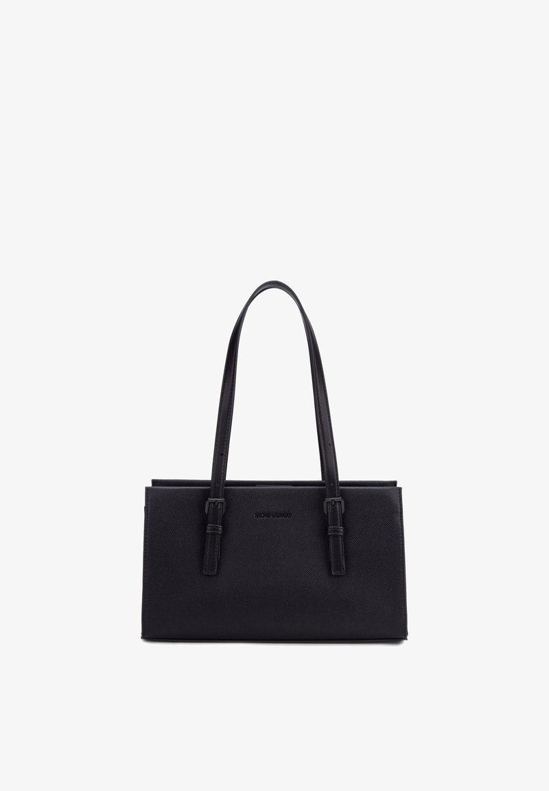 Sac à main rectangulaire en cuir noir avec deux longues bandoulières réglables et une finition subtilement texturée.