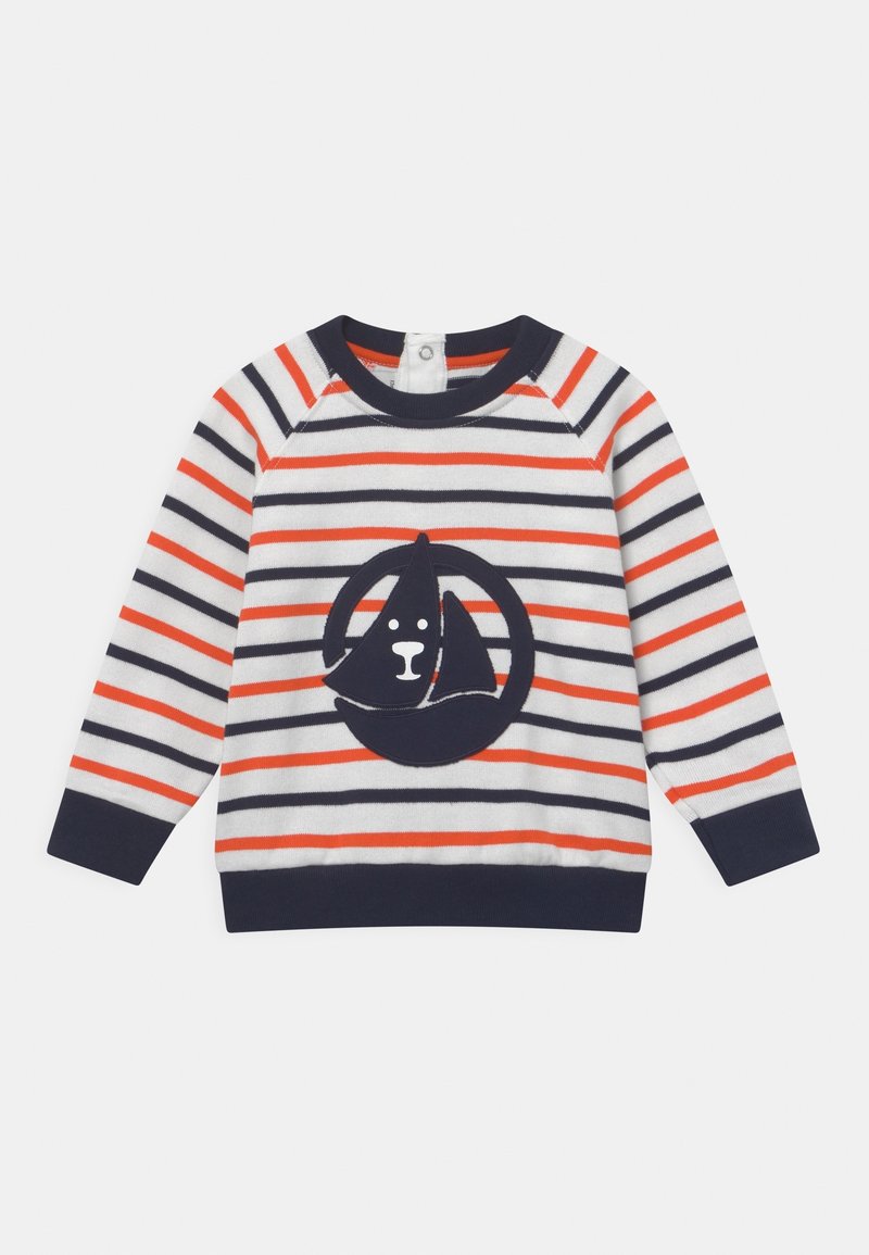 Sweat-shirt à manches longues rayé en blanc, marine et orange. Présente un graphisme d'ours marine dans un design circulaire. Poignets et encolure côtelés.