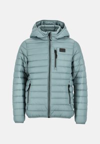 Ljusblå, quiltad dunjacka med huva, frontdragkedja, zip-försedd bröstficka och sidofickor. Slät yta med ribbade muddar.