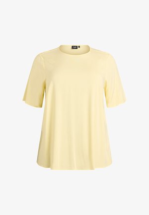 Jasnożółta koszulka z krótkim rękawem, okrągłym dekoltem i luźnym krojem, wykonana z miękkiego, gładkiego materiału. Charakteryzuje się czystym, minimalistycznym wzornictwem.