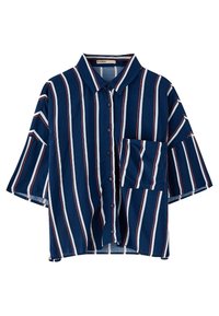 Chemise à manches courtes avec col, présentant des rayures horizontales bleu marine et blanches avec des accents rouges. Comprend une poche poitrine avant et une coupe décontractée.
