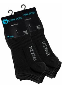 Calzini neri alla caviglia in confezione da tre, con texture a coste e nome del marchio bianco stampato "STARK SOUL" su ogni calzino. Taglia 39-42.