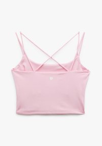 Rosa verkürztes Tanktop aus weichem Material, mit dünnen, über Kreuz verlaufenden Trägern auf dem Rücken und einem kleinen Logo auf der Vorderseite.