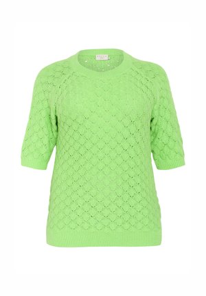 Zelený pletený sveter s krátkymi rukávmi, s vodolepom vzorom, ribbovaným výstrihom a lemom a vo voľnej siluete. Vyrobený z ľahkého materiálu.