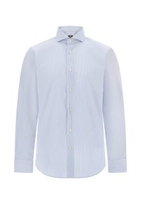 Světle modrá a bílá pruhovaná košile s dlouhým rukávem, límeček na knoflíky, přední knoflíky, zakřivený lem, s kontrastním detailem na manžetách.