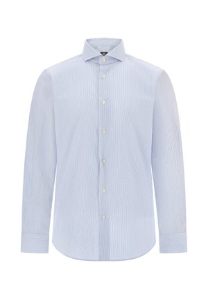 Světle modrá a bílá pruhovaná košile s dlouhým rukávem, límeček na knoflíky, přední knoflíky, zakřivený lem, s kontrastním detailem na manžetách.