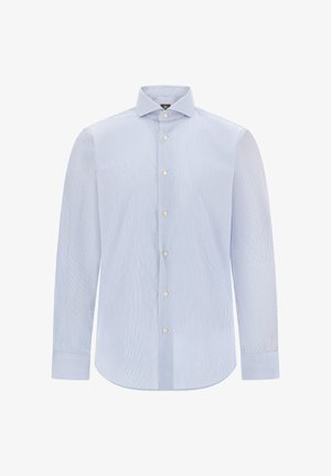 Světle modrá a bílá pruhovaná košile s dlouhým rukávem, límeček na knoflíky, přední knoflíky, zakřivený lem, s kontrastním detailem na manžetách.
