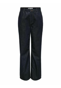 Vaqueros de mezclilla azul oscuro con un corte relajado, patas rectas y costuras sutiles. Presentan un cierre de botón y cremallera con diseño de cinco bolsillos.