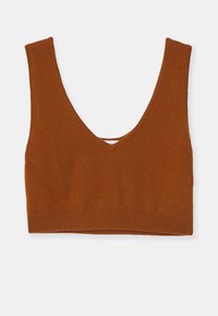 Rustfarget strikket bralette med dyp V-hals, brede stropper og en tettsittende kant nederst. Glatt tekstur uten ekstra mønstre.