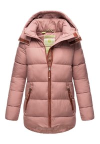 Pudret pink pufferjakke med lynlåsfortykkelse, brune læderdetaljer, hætte og to sidelommer. Indvendigt har den labels med brandlogo.