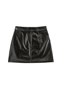 Falda de cuero negra con cintura alta, textura suave, diseño ligeramente acampanado y una costura central que recorre el frente.