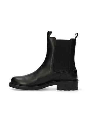 Stivale Chelsea in pelle nera con pannelli elastici laterali, finitura liscia, punta tondeggiante e linguetta sul tallone, caratterizzato da una suola spessa e testurizzata.