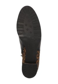 Schwarze Lederschuhe mit einem braunen Leopardenmuster-Akzent. Verfügt über eine strukturierte Gummisohle für besseren Halt und einen seitlichen Reißverschluss.