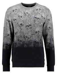 Grijs-zwart sweatshirt met lange mouwen, voorzien van een verloop van schedels en rozen die van boven tot halverwege zijn gedrukt.