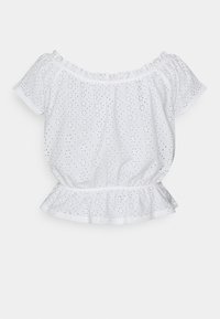 Chemisier blanc à manches courtes en tissu en dentelle à œillets, encolure décolletée élastique, taille cintrée et ourlet à volants.