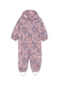 Tuta impermeabile rosa con un motivo floreale in colori navy e pastello. Presenta un cappuccio, polsini elasticizzati e cinghie per i piedi regolabili.