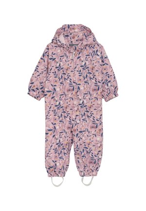 Pink waterproof overall with a floral pattern in navy and pastel colors. Features a hood, elastic cuffs, and adjustable foot straps.
