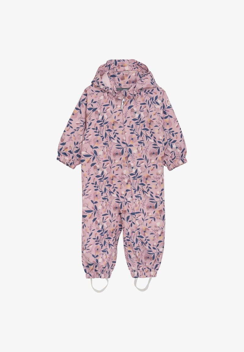 Tuta impermeabile rosa con un motivo floreale in colori navy e pastello. Presenta un cappuccio, polsini elasticizzati e cinghie per i piedi regolabili.