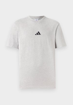 Gray cotton t-shirt with short sleeves, round neck, featuring a small black three-stripe logo on the upper left chest.
