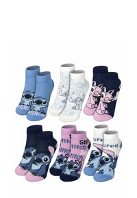 Set di sei paia di calzini per bambini con vari design di personaggi. I colori includono blu, rosa, viola, blu scuro e bianco con motivi.