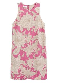 Ärmelloses Kleid aus leuchtend pinkem Stoff mit großen beigen Blumenmustern. Rundhalsausschnitt und ein Reißverschluss auf der Rückseite.