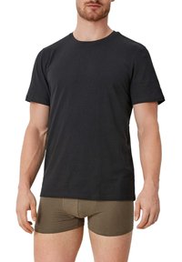 Black cotton T-shirt with short sleeves and a crew neckline, paired with brown cotton boxer briefs. Simple design, no visible patterns.