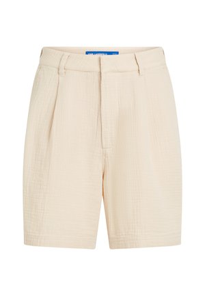 Bēšas šorti līdz ceļiem ar jostas cilpām, priekšējām lokām un slēptu aizdari, izgatavoti no teksturēta viegla auduma.