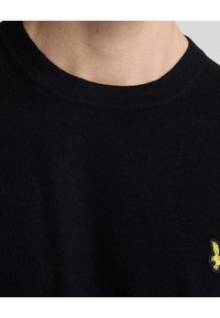 Schwarzer Strickpullover mit rundem Halsausschnitt. Verfügt über ein kleines gelbes Adlerlogo auf der linken Seite. Der Stoff hat eine glatte Textur.