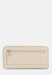 Portafoglio in ecopelle beige con chiusura zip, caratterizzato da una tasca frontale con zip e dettagli di cucitura discreti. Texture liscia, forma rettangolare.