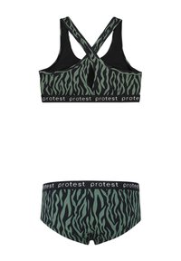 Čierny a zelený bikiny set so zebrovým prúžkovaním, obsahujúci športovú podprsenku s prekríženými ramienkami a zodpovedajúce spodné diely, so čiernym logom na páske.