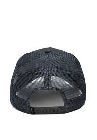 Black mesh trucker cap with a solid back, adjustable snap closure, and textured surface; features a curved brim and ventilation holes.