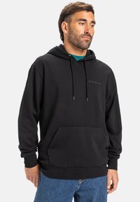 Black hoodie made of cotton blend, featuring a front pocket, adjustable drawstring hood, and subtle brand logo embroidered on the chest.