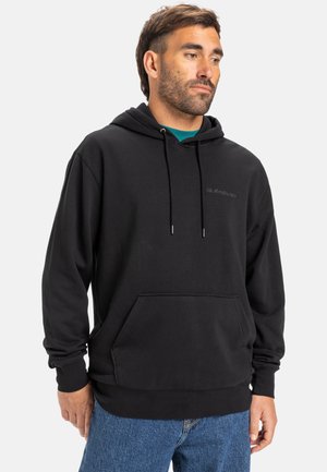 Black hoodie made of cotton blend, featuring a front pocket, adjustable drawstring hood, and subtle brand logo embroidered on the chest.