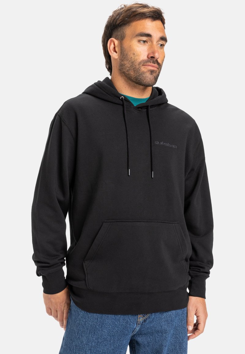 Black hoodie made of cotton blend, featuring a front pocket, adjustable drawstring hood, and subtle brand logo embroidered on the chest.