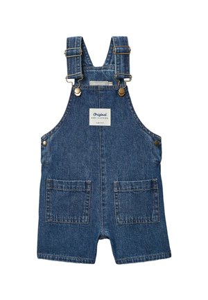 Salopette bébé en denim bleu avec bretelles ajustables, deux poches devant, boutons latéraux et une étiquette "Original Baby Clothing" sur la poitrine.