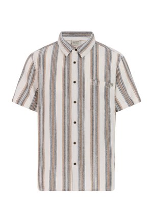 Košulja s kratkim rukavima na kopčanje, bijela s okomitim prugama u plavoj, smeđoj i narančastoj boji. Ima džep na prsima i kontrastne gumbe.
