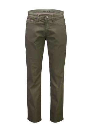 Herren-Hose in Olivegrün mit geradem Bein, vordere Knopfleiste, Reißverschluss und Fünf-Taschen-Design auf weißem Hintergrund.