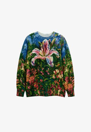 Kootud sviiter lillemustriga, kus on roosa liiliaid, roheline lehestik ja mitmevärvilised õied sinise taustaga. Ümar kaelus, pikad varrukad.