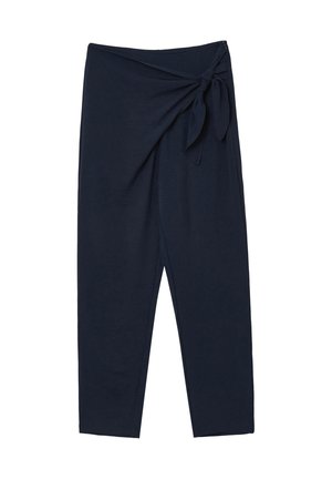 Navy blue wrap-style pants with a tied knot detail at the waist and tapered leg fit.