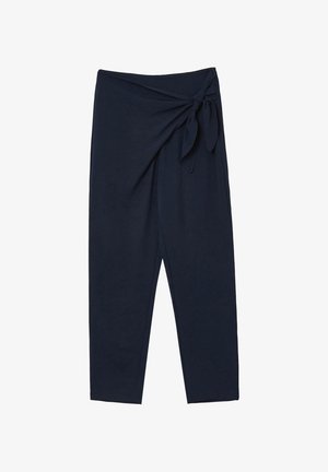 Marineblaue Wickelhose mit einer gebundenen Knotendetail in der Taille und schmalem Beinverlauf.