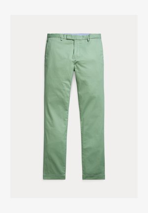 Lysegrønne bomullsbukser med rett ben, flat front og subtil tekstur. Inkluderer beltehemper og knappelukking.
