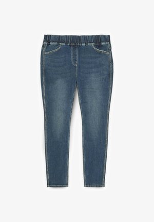 Dunkelblaue Denim-Hosen mit elastischem Bund, schlanker Passform, Fünf-Taschen-Design und sichtbaren Nahtakzenten entlang der Seiten.