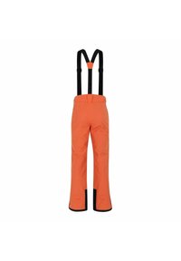 Orangene wasserdichte Hose mit schwarzen verstellbaren Trägern, geradem Schnitt und verstärkten Säumen für zusätzliche Haltbarkeit.