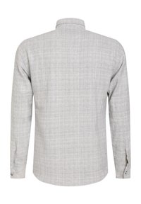 Lange mouwen blouse van lichtgrijze stof met een textuurpatroon. Voorzien van een kraag, knoopmanchetten en een rechte zoom.
