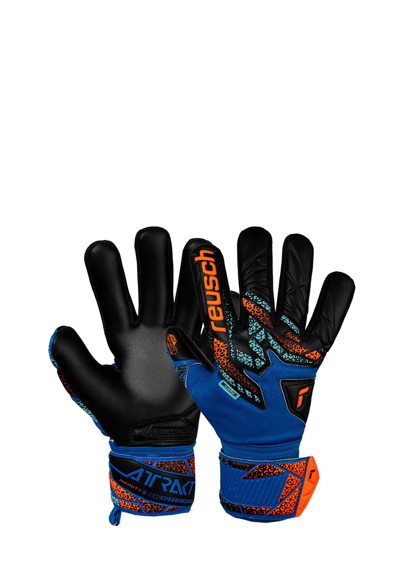 Reusch Torwarthandschuhe mit schwarzer Latex-Handfläche, blauem Textilkörper, orangefarbenen Akzenten und einem gemusterten Handgelenkbund für sicheren Sitz.