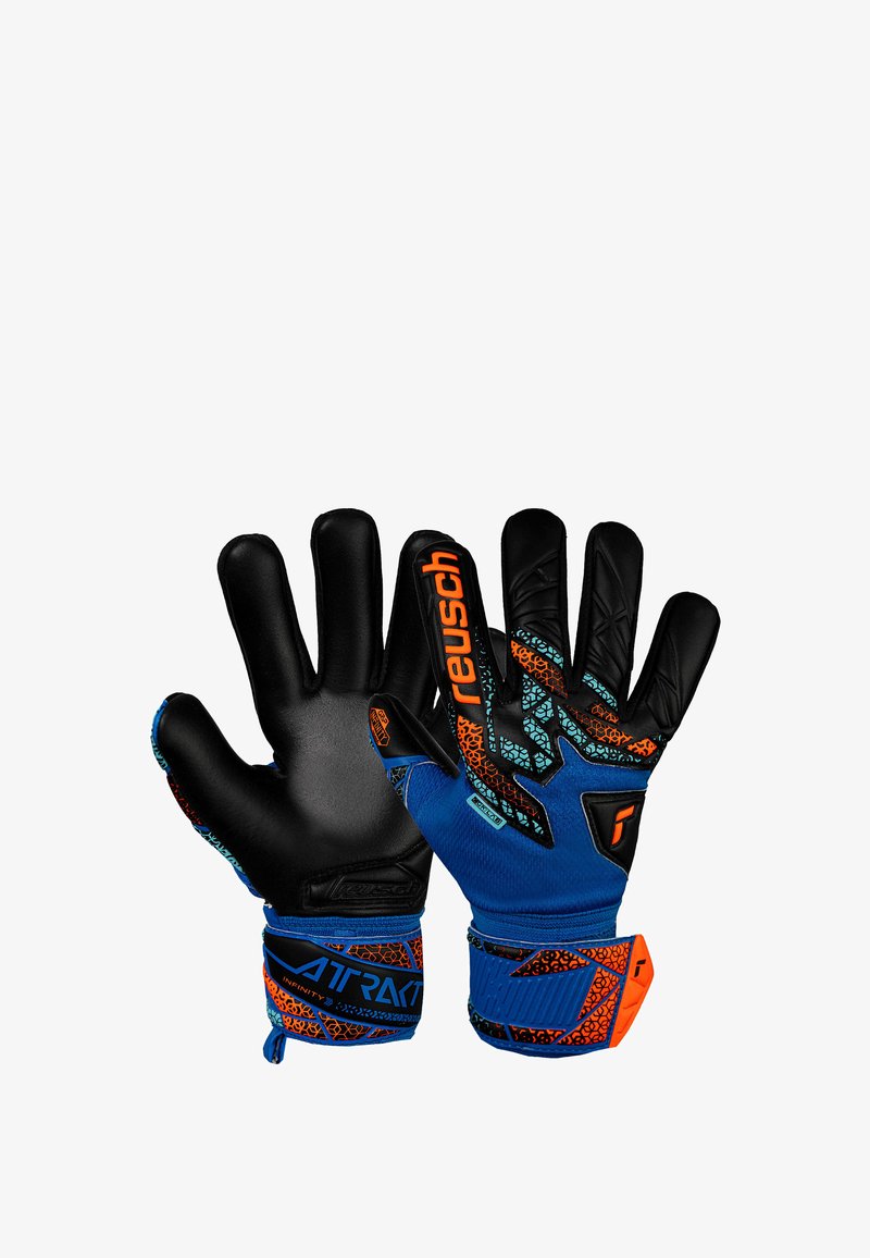 Reusch Torwarthandschuhe mit schwarzer Latex-Handfläche, blauem Textilkörper, orangefarbenen Akzenten und einem gemusterten Handgelenkbund für sicheren Sitz.