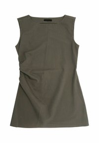 Mouwloze jurk van een licht gestructureerde stof, met verticale groene en beige strepen en een geplooid detail aan één kant.